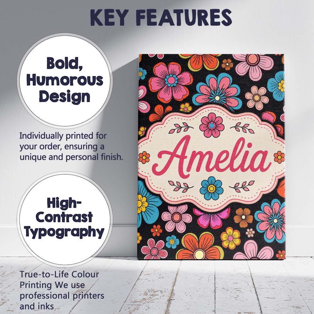 Personalised Name Cute Floral Flowers on Custom  Unique Gift Idea Elegant Feature Canvas Wall Art Print Decor Picture Ready to Hang