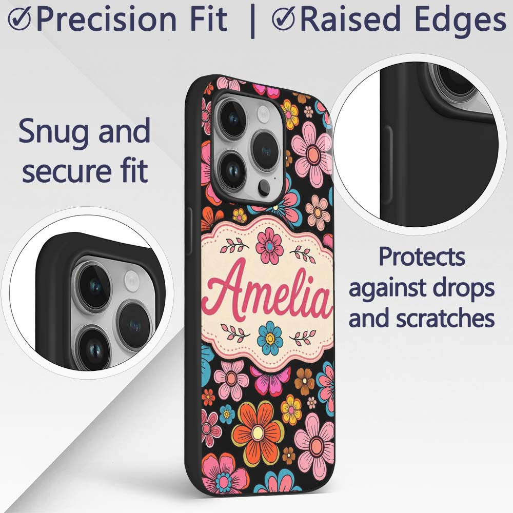 Cute Floral Flowers on Black Background Seamless Custom Name Protective Phone Case Mobile Cover Durable Everyday Smartphone Shock Resistant