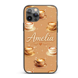Coffee Latte Cappuccino Cup Seamless Pattern on Custom Name Protective Phone Case Mobile Cover Durable Everyday Smartphone Shock Resistant
