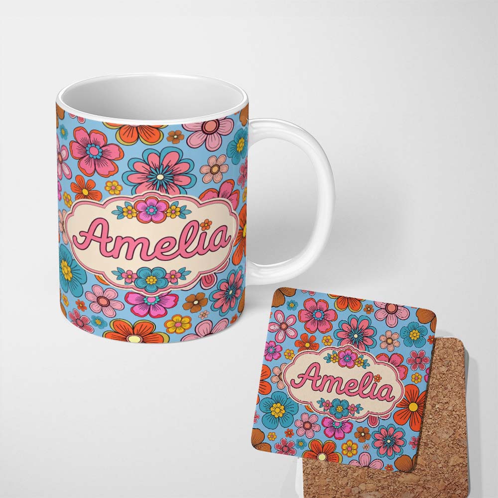 Personalized Custom Name Cute Floral Flowers on Mint Green Background Seamless Pattern Name 11oz Ceramic Coffee Tea Mug White Large Handle