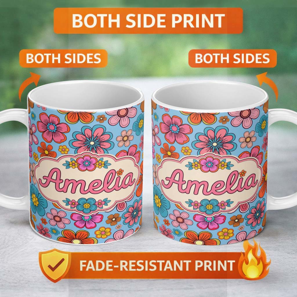 Personalized Custom Name Cute Floral Flowers on Mint Green Background Seamless Pattern Name 11oz Ceramic Coffee Tea Mug White Large Handle