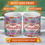 Personalized Custom Name Cute Floral Flowers on Mint Green Background Seamless Pattern Name 11oz Ceramic Coffee Tea Mug White Large Handle