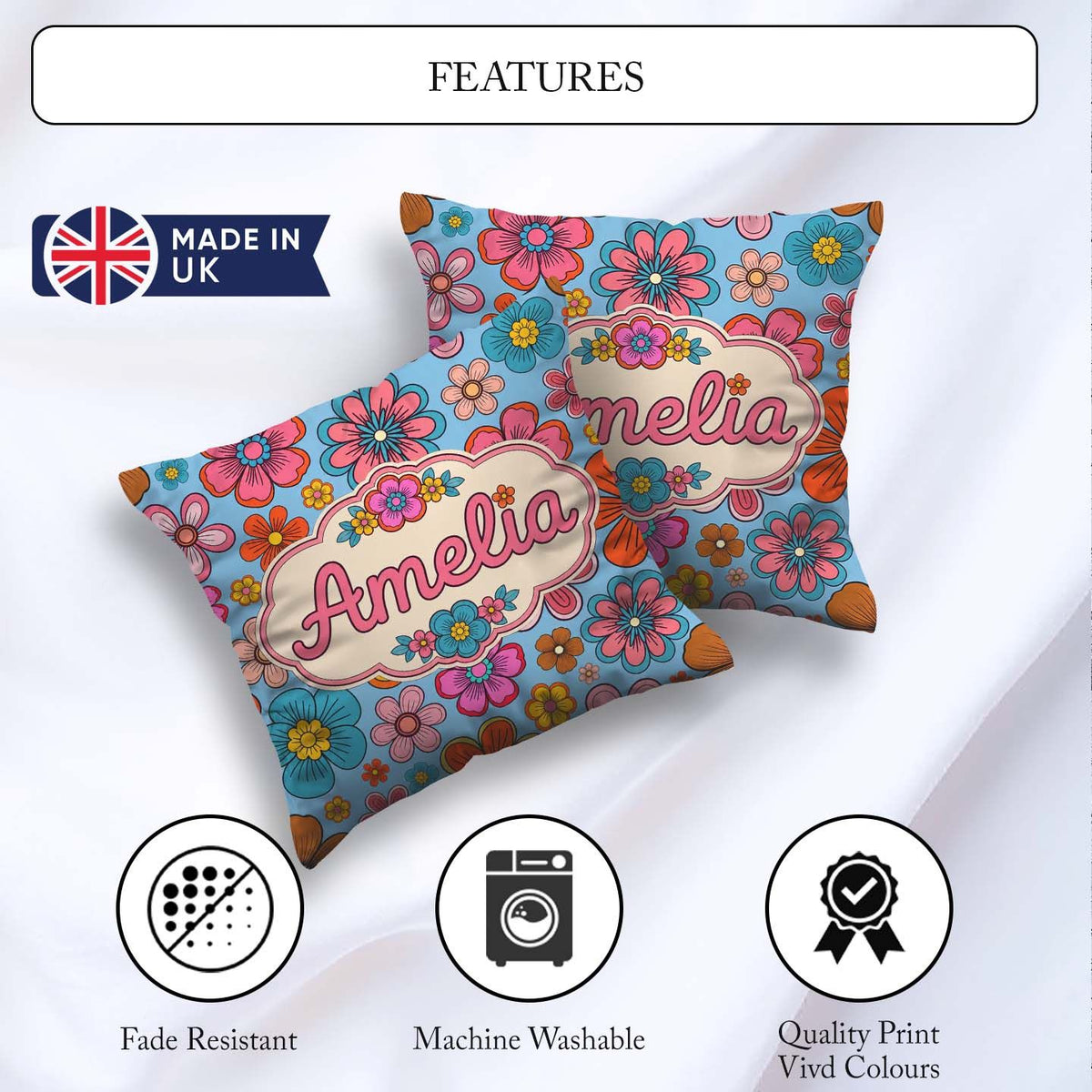 Custom Name Floral Flowers on Mint Green Background Pattern Name Square Filled Cushion Throw Pillow Sofa Bed Home Decor Zip Washable UK Made