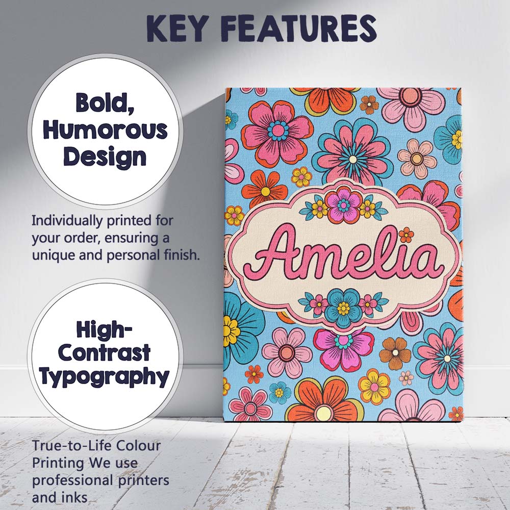 Personalised Name Cute Floral Flowers on Custom  Unique Gift Idea Elegant Feature Canvas Wall Art Print Decor Picture Ready to Hang