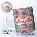 Personalized Custom Name Cute Floral Flowers on Mint Green Background Seamless Pattern Name 11oz Ceramic Coffee Tea Mug White Large Handle