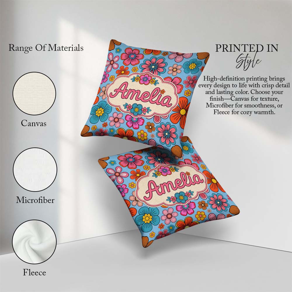 Custom Name Floral Flowers on Mint Green Background Pattern Name Square Filled Cushion Throw Pillow Sofa Bed Home Decor Zip Washable UK Made
