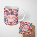 Personalized Custom Name Cute Floral Flowers on Blush Pink Background Seamless Pattern Name 11oz Ceramic Coffee Tea Mug White Large Handle