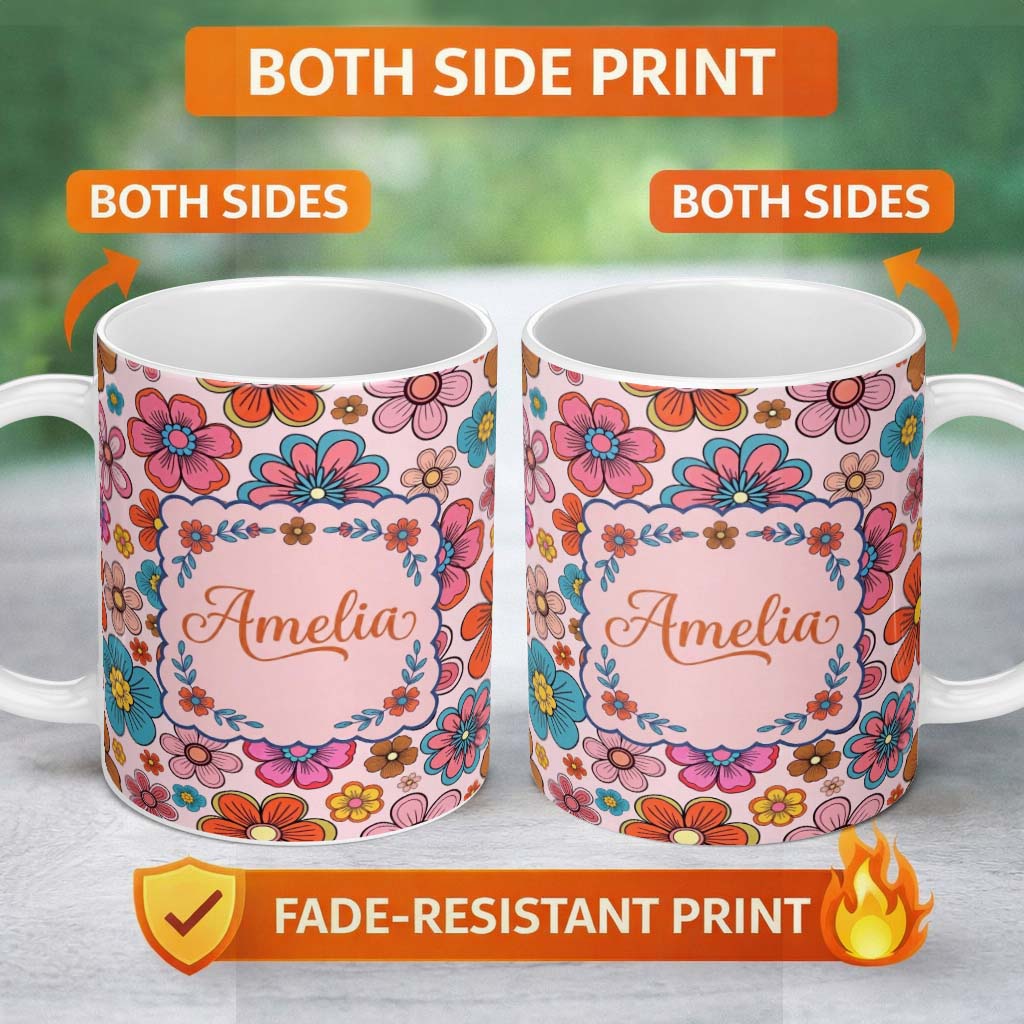 Personalized Custom Name Cute Floral Flowers on Blush Pink Background Seamless Pattern Name 11oz Ceramic Coffee Tea Mug White Large Handle