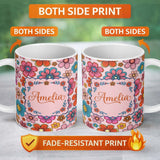 Personalized Custom Name Cute Floral Flowers on Blush Pink Background Seamless Pattern Name 11oz Ceramic Coffee Tea Mug White Large Handle