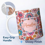 Personalized Custom Name Cute Floral Flowers on Blush Pink Background Seamless Pattern Name 11oz Ceramic Coffee Tea Mug White Large Handle