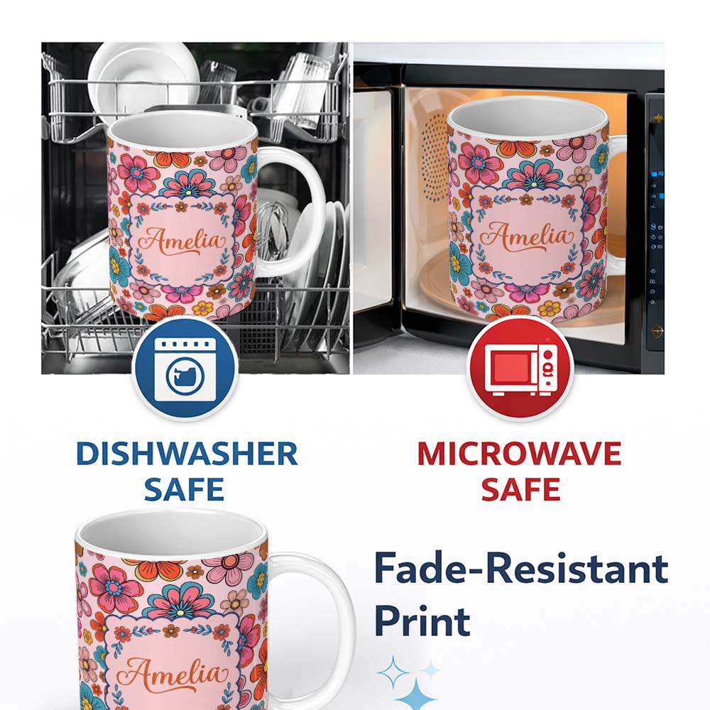 Personalized Custom Name Cute Floral Flowers on Blush Pink Background Seamless Pattern Name 11oz Ceramic Coffee Tea Mug White Large Handle