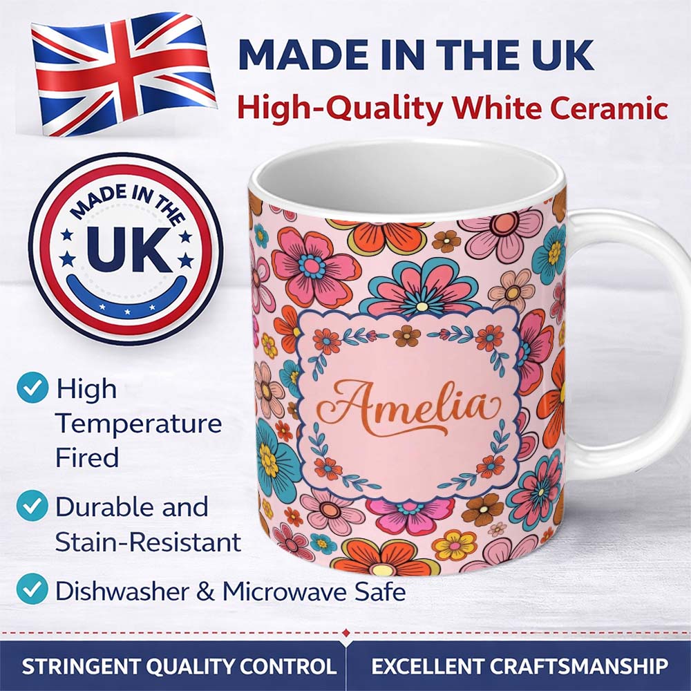 Personalized Custom Name Cute Floral Flowers on Blush Pink Background Seamless Pattern Name 11oz Ceramic Coffee Tea Mug White Large Handle