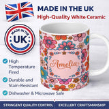 Personalized Custom Name Cute Floral Flowers on Blush Pink Background Seamless Pattern Name 11oz Ceramic Coffee Tea Mug White Large Handle