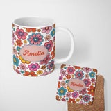 Personalized Custom Name Cute Floral Flowers on Light Grey Background Seamless Pattern Name 11oz Ceramic Coffee Tea Mug White Large Handle