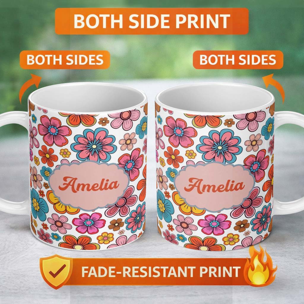 Personalized Custom Name Cute Floral Flowers on Light Grey Background Seamless Pattern Name 11oz Ceramic Coffee Tea Mug White Large Handle