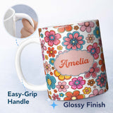 Personalized Custom Name Cute Floral Flowers on Light Grey Background Seamless Pattern Name 11oz Ceramic Coffee Tea Mug White Large Handle