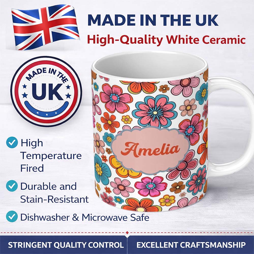 Personalized Custom Name Cute Floral Flowers on Light Grey Background Seamless Pattern Name 11oz Ceramic Coffee Tea Mug White Large Handle