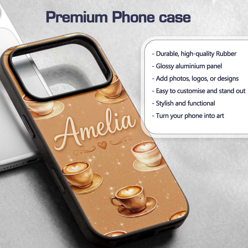 Coffee Latte Cappuccino Cup Seamless Pattern on Custom Name Protective Phone Case Mobile Cover Durable Everyday Smartphone Shock Resistant
