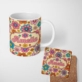 Personalized Custom Name Cute Floral Flowers on Warm Beige Background Seamless Pattern Name 11oz Ceramic Coffee Tea Mug White Large Handle