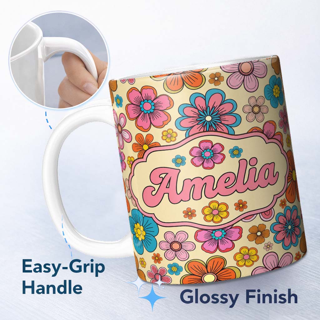 Personalized Custom Name Cute Floral Flowers on Warm Beige Background Seamless Pattern Name 11oz Ceramic Coffee Tea Mug White Large Handle