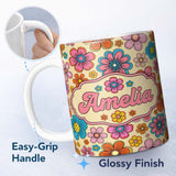 Personalized Custom Name Cute Floral Flowers on Warm Beige Background Seamless Pattern Name 11oz Ceramic Coffee Tea Mug White Large Handle