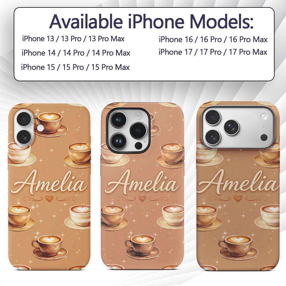 Coffee Latte Cappuccino Cup Seamless Pattern on Custom Name Protective Phone Case Mobile Cover Durable Everyday Smartphone Shock Resistant