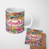 Personalized Custom Name Cute Hippie Rainbow Toys Collage Seamless Pattern Name Unique Gift 11oz Ceramic Coffee Tea Mug White Large Handle