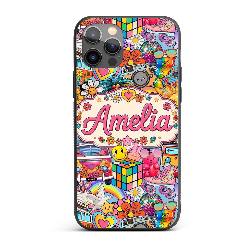 Cute Hippie Rainbow Toys Collage Seamless Pattern Custom Name Protective Phone Case Mobile Cover Durable Everyday Smartphone Shock Resistant