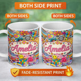 Personalized Custom Name Cute Hippie Rainbow Toys Collage Seamless Pattern Name Unique Gift 11oz Ceramic Coffee Tea Mug White Large Handle
