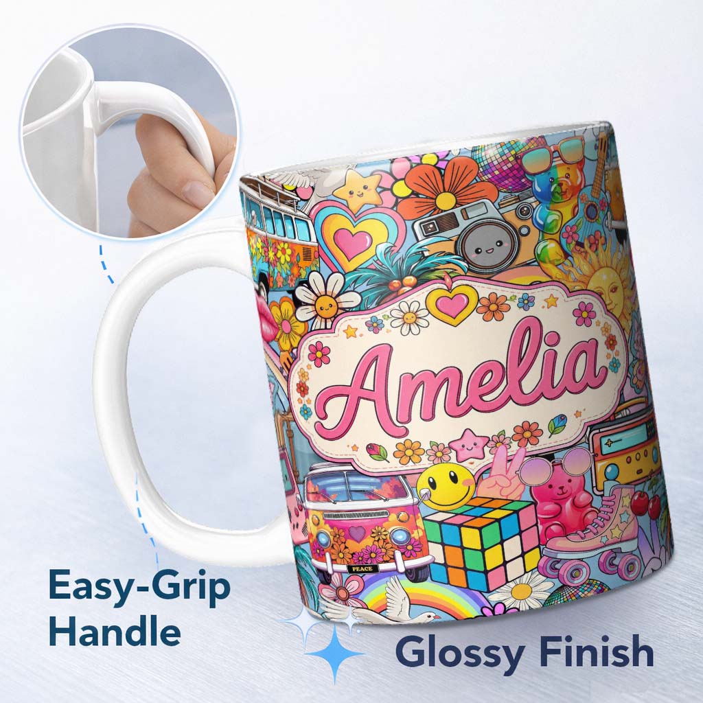 Personalized Custom Name Cute Hippie Rainbow Toys Collage Seamless Pattern Name Unique Gift 11oz Ceramic Coffee Tea Mug White Large Handle