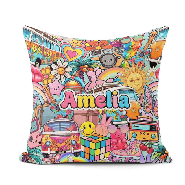 Custom Name Cute Van Rainbow Toys Collage Seamless Pattern Name Square Filled Cushion Throw Pillow Sofa Bed Home Decor Zip Washable UK Made