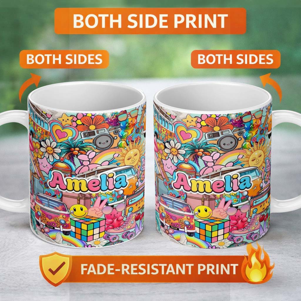 Personalized Custom Name Cute Hippie Van Rainbow Toys Collage Seamless Pattern Name Unique 11oz Ceramic Coffee Tea Mug White Large Handle