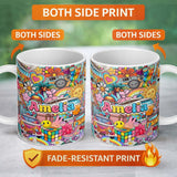 Personalized Custom Name Cute Hippie Van Rainbow Toys Collage Seamless Pattern Name Unique 11oz Ceramic Coffee Tea Mug White Large Handle