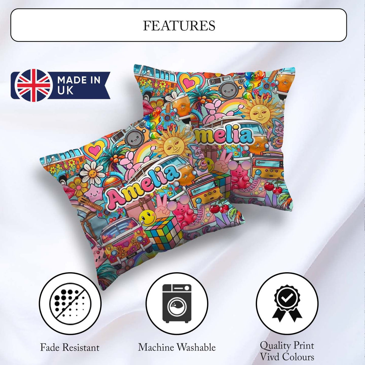 Custom Name Cute Van Rainbow Toys Collage Seamless Pattern Name Square Filled Cushion Throw Pillow Sofa Bed Home Decor Zip Washable UK Made