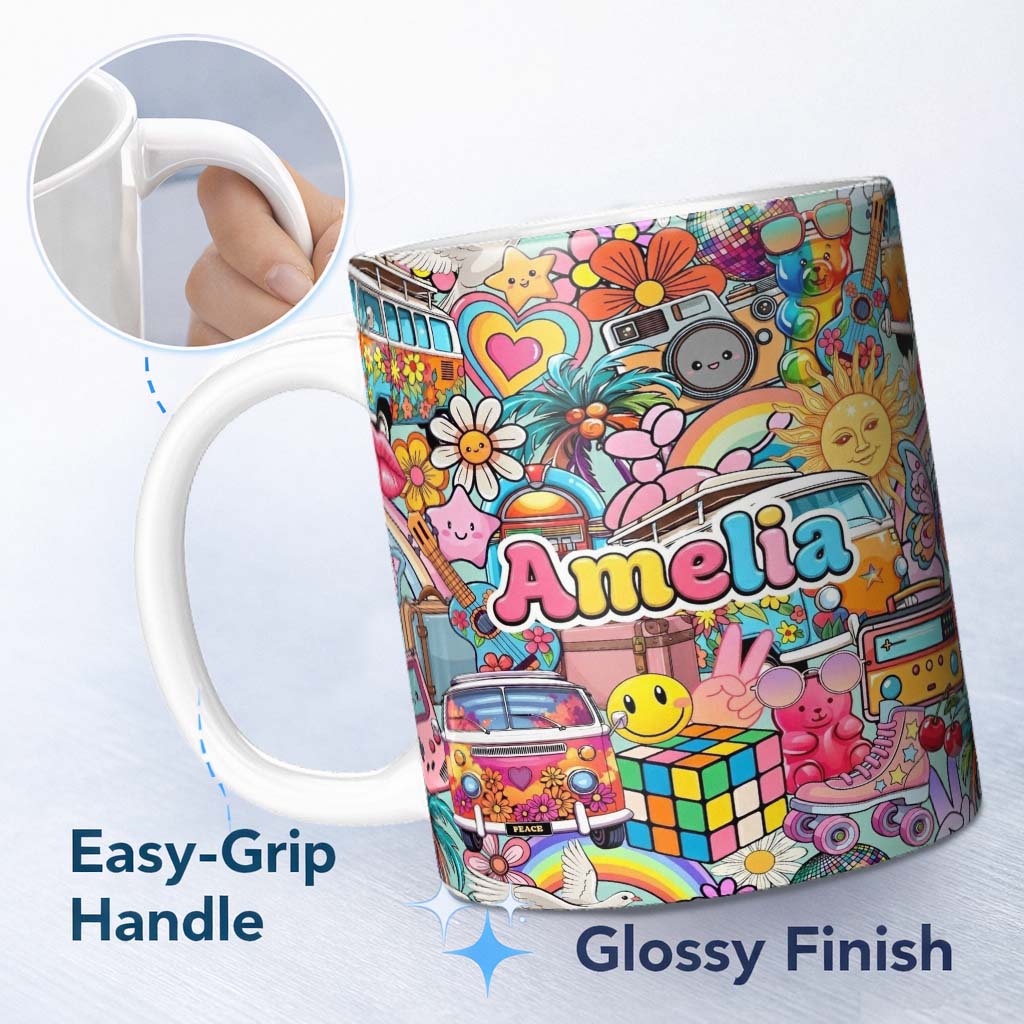 Personalized Custom Name Cute Hippie Van Rainbow Toys Collage Seamless Pattern Name Unique 11oz Ceramic Coffee Tea Mug White Large Handle