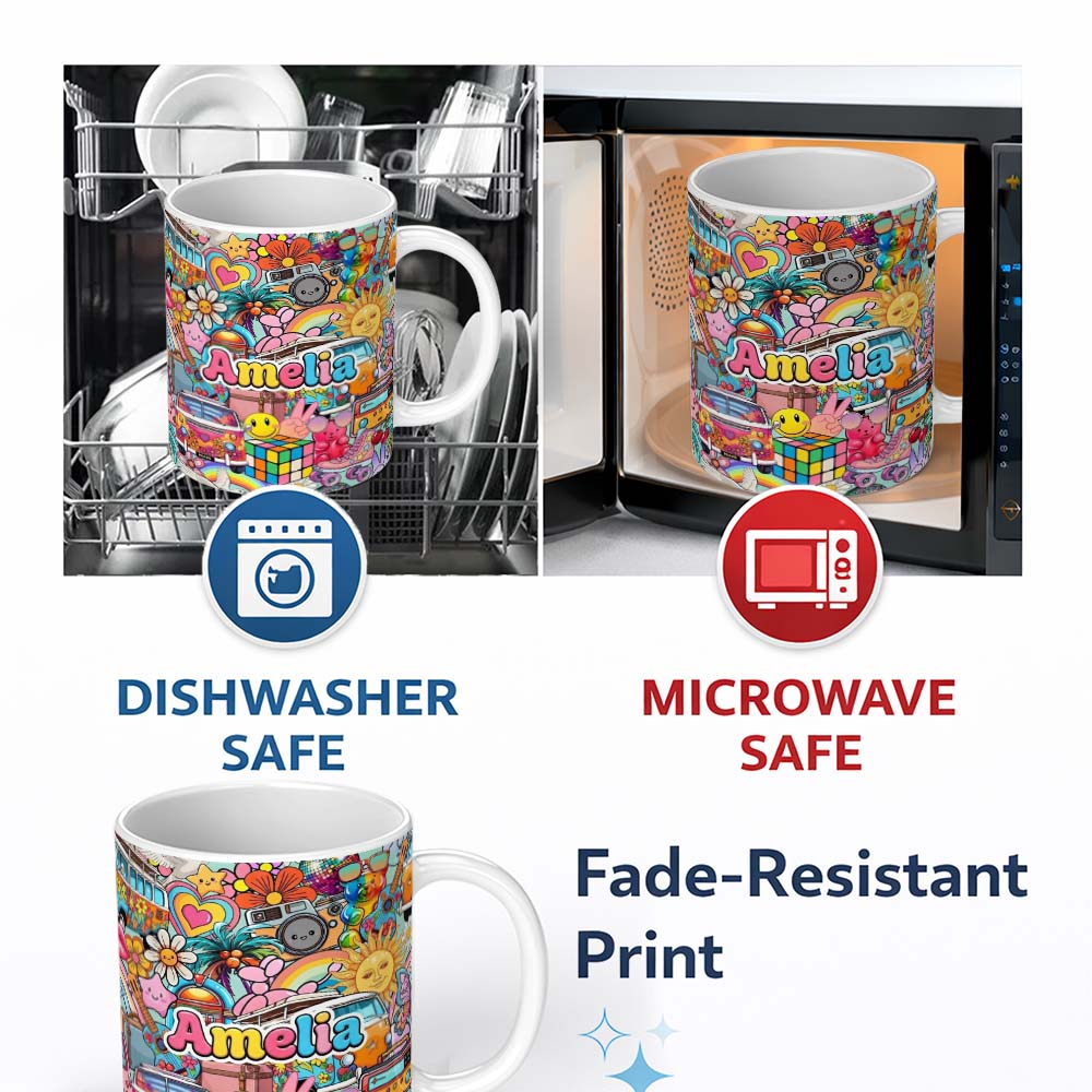 Personalized Custom Name Cute Hippie Van Rainbow Toys Collage Seamless Pattern Name Unique 11oz Ceramic Coffee Tea Mug White Large Handle