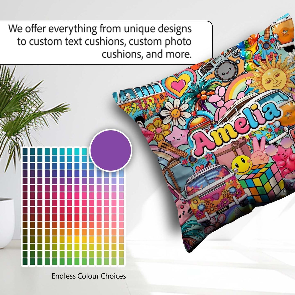 Custom Name Cute Van Rainbow Toys Collage Seamless Pattern Name Square Filled Cushion Throw Pillow Sofa Bed Home Decor Zip Washable UK Made