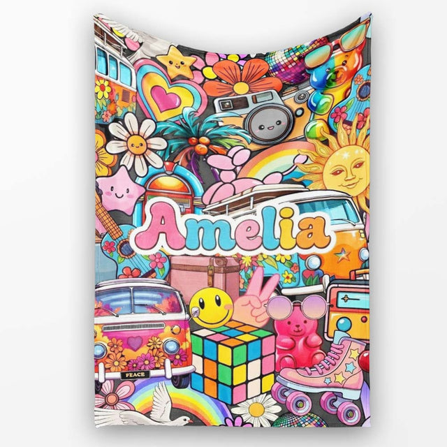 Cute Hippie Van Rainbow Toys Collage Blue Background Seamless  Personalised Custom Name Super Soft Fleece Blanket Bed Sofa Throw