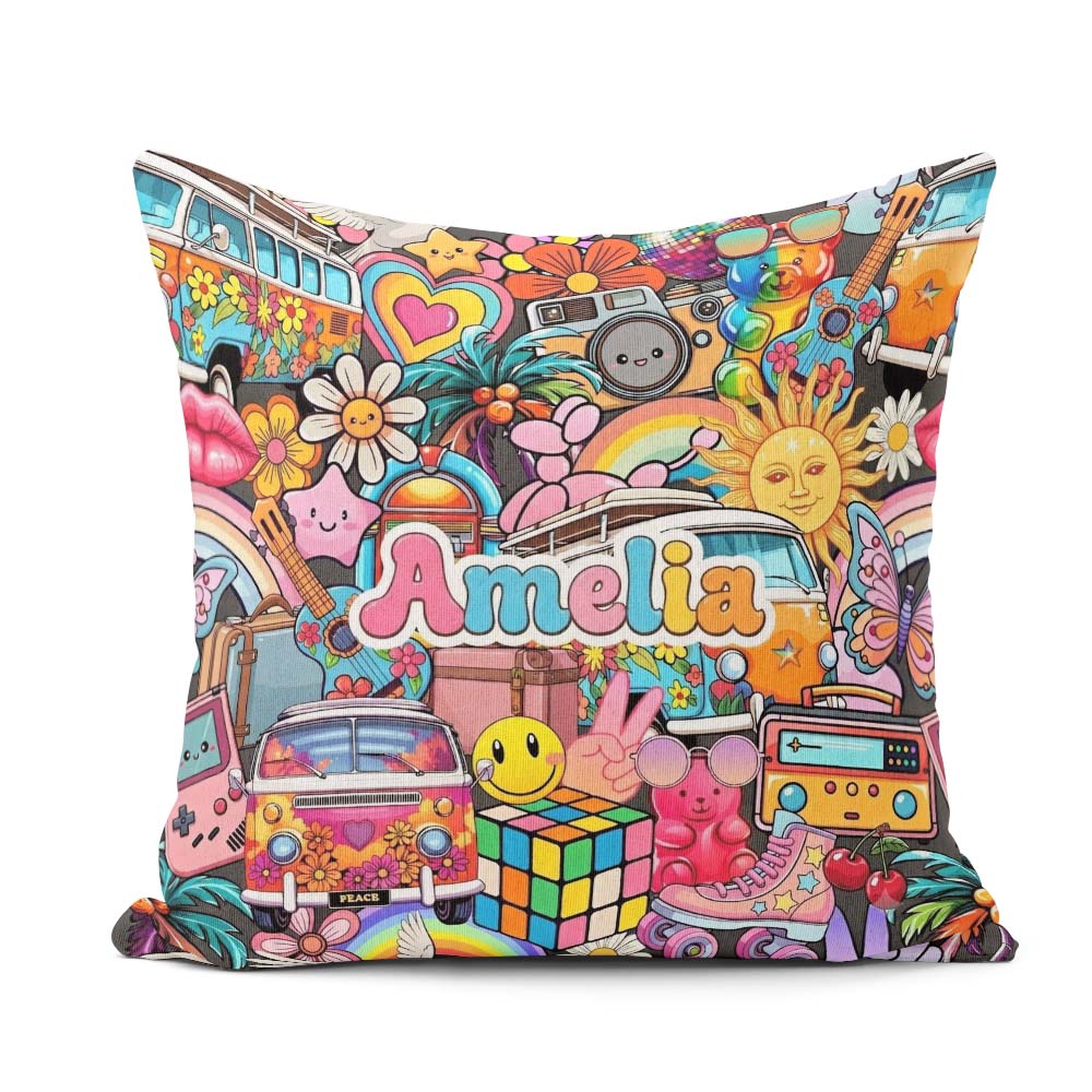 Custom Name Cute Hippie Van Rainbow Toys Collage Blue Background Square Filled Cushion Throw Pillow Sofa Bed Home Decor Zip Washable UK Made
