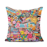 Custom Name Cute Hippie Van Rainbow Toys Collage Blue Background Square Filled Cushion Throw Pillow Sofa Bed Home Decor Zip Washable UK Made