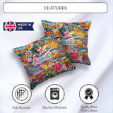Custom Name Cute Hippie Van Rainbow Toys Collage Blue Background Square Filled Cushion Throw Pillow Sofa Bed Home Decor Zip Washable UK Made