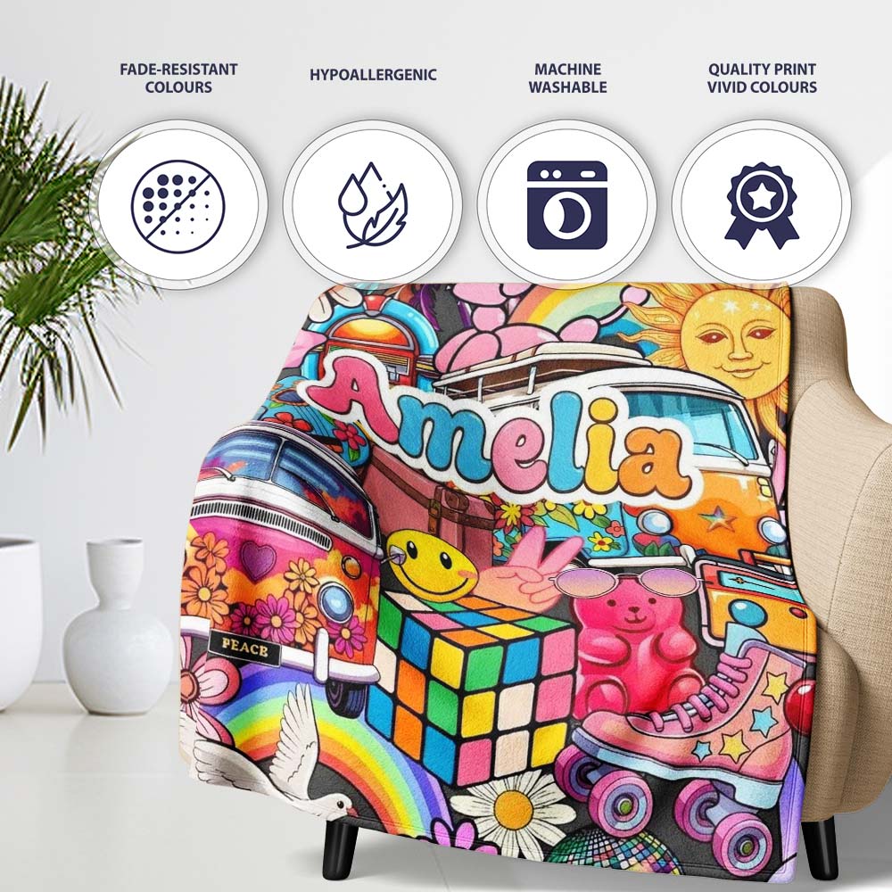 Cute Hippie Van Rainbow Toys Collage Blue Background Seamless  Personalised Custom Name Super Soft Fleece Blanket Bed Sofa Throw