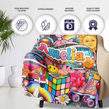 Cute Hippie Van Rainbow Toys Collage Blue Background Seamless  Personalised Custom Name Super Soft Fleece Blanket Bed Sofa Throw