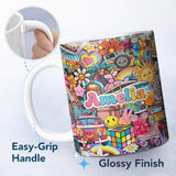 Personalized Custom Name Cute Hippie Van Rainbow Toys Collage Blue Background Seamless 11oz Ceramic Coffee Tea Mug White Large Handle