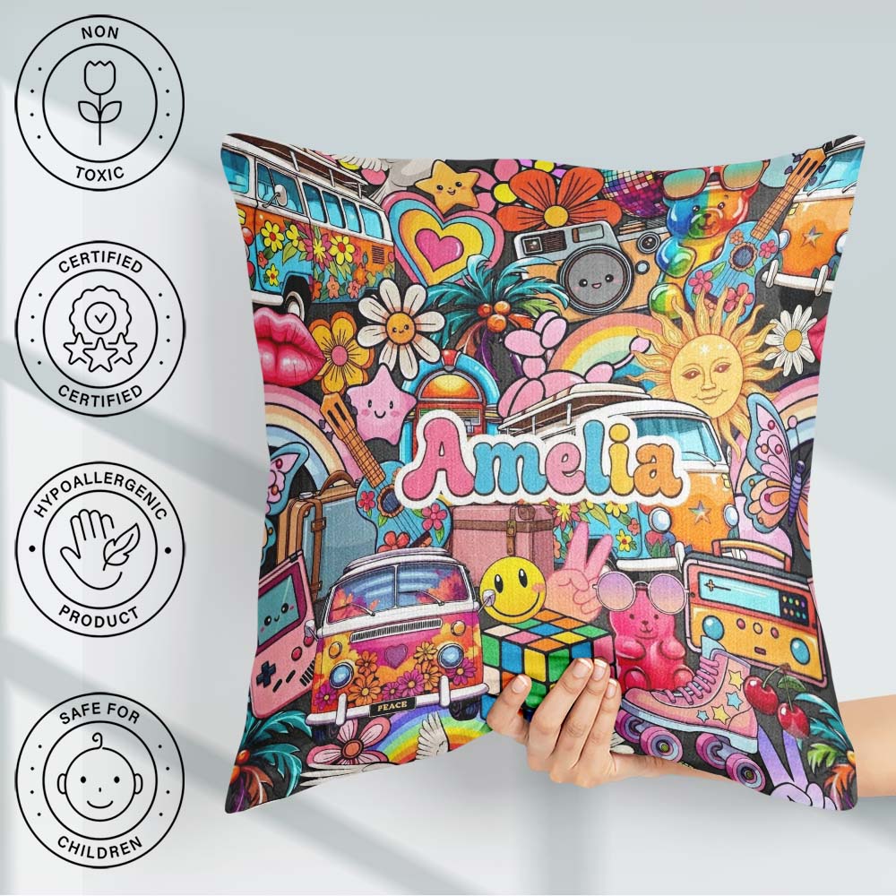 Custom Name Cute Hippie Van Rainbow Toys Collage Blue Background Square Filled Cushion Throw Pillow Sofa Bed Home Decor Zip Washable UK Made