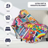 Cute Hippie Van Rainbow Toys Collage Blue Background Seamless  Personalised Custom Name Super Soft Fleece Blanket Bed Sofa Throw