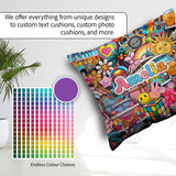 Custom Name Cute Hippie Van Rainbow Toys Collage Blue Background Square Filled Cushion Throw Pillow Sofa Bed Home Decor Zip Washable UK Made