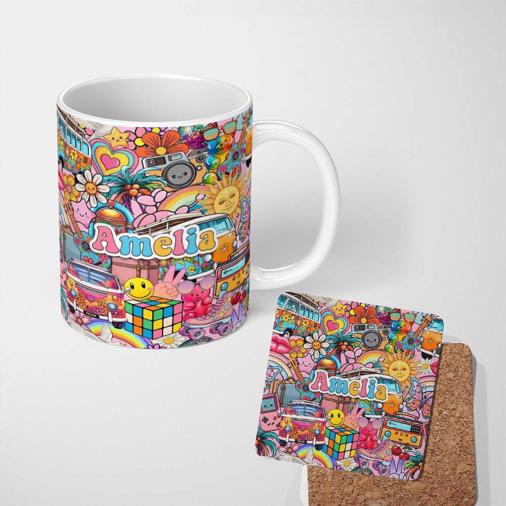 Personalized Custom Name Cute Hippie Van Rainbow Toys Collage Pink Background Seamless 11oz Ceramic Coffee Tea Mug White Large Handle
