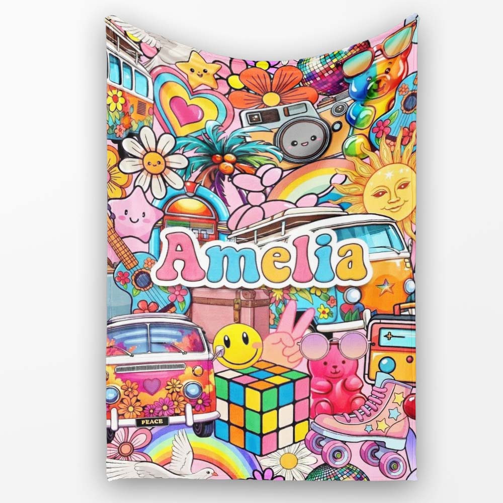 Cute Hippie Van Rainbow Toys Collage Pink Background Seamless  Personalised Custom Name Super Soft Fleece Blanket Bed Sofa Throw