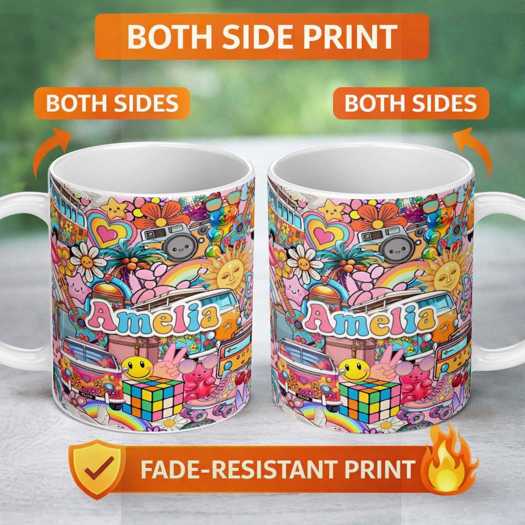 Personalized Custom Name Cute Hippie Van Rainbow Toys Collage Pink Background Seamless 11oz Ceramic Coffee Tea Mug White Large Handle